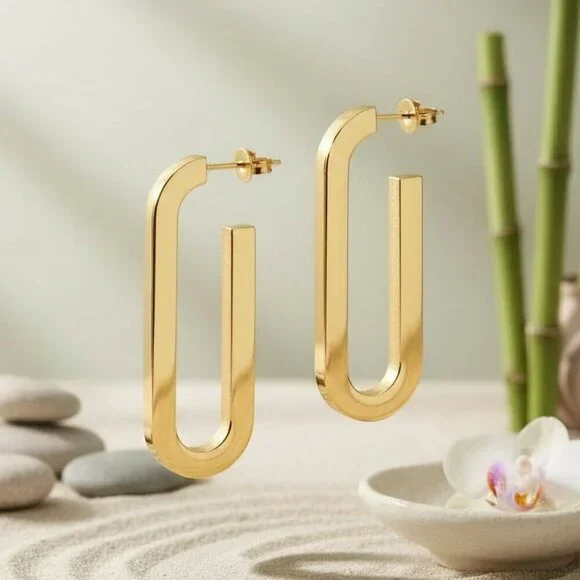 Sleek 18K Gold Plated Stainless Steel Modern U-Shape Statement Earrings - Picture 7 of 14